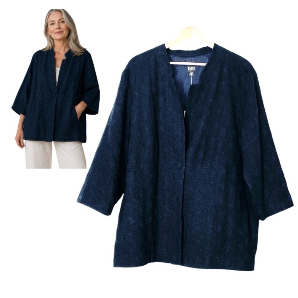 Eileen Fisher Woman Embroidered Wool Gauze 3/4 Sleeves One Button
Jacket 1X NWT